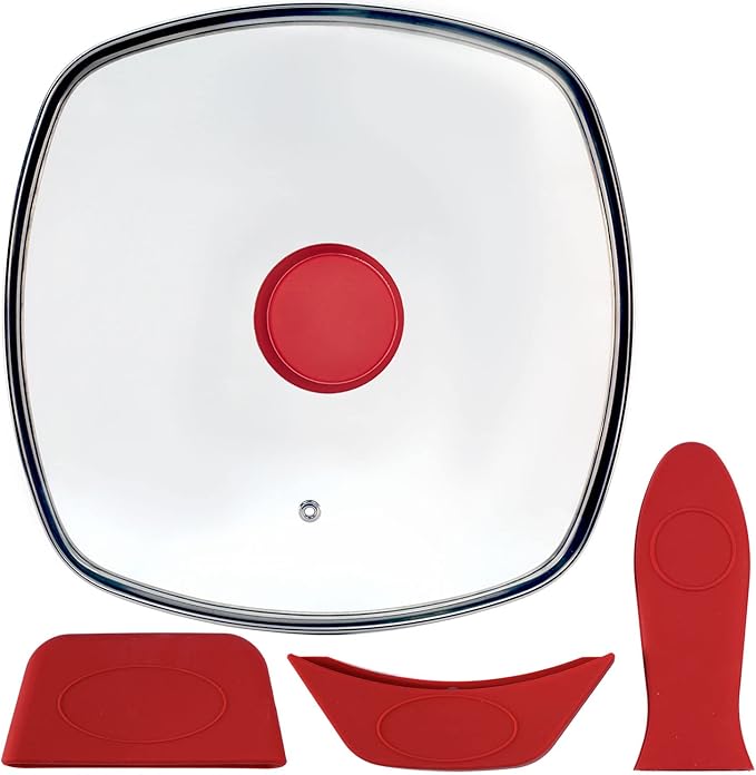 FOLI Square Glass Lid for Grill Pans with Steam Vent Hole - Fits Lodge Cast Iron Skillets 10.5inch/26.67cm Silicone Potholder- Square Tempered Glass Lid - Universal Replacement Cover Silicone Knob