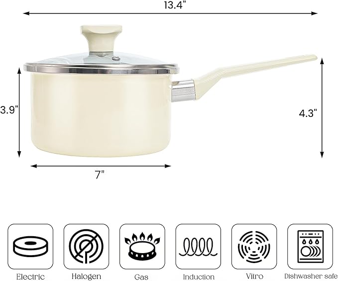 ZOOFOX Ceramic Sauce Pan with Lid, 1.5 Quarts Nonstick Small Cooking Pot with Stay-Cool Handle, Kitchen Non Toxic Soup Pot for Multipurpose Use, PTFE, PFOA and PFAS Free, Compatible All Stovetops