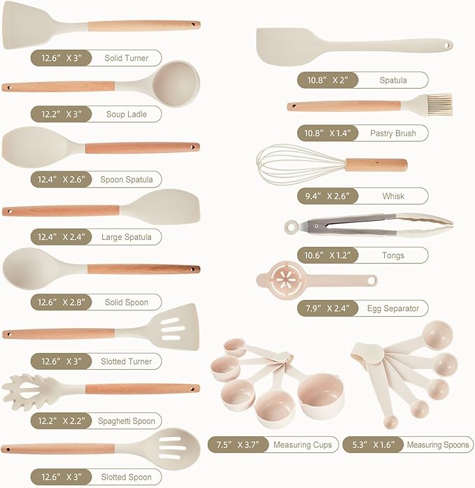 Kitchen Utensils Set - 34 PCS Non-Stick Silicone Cooking Utensils Set with Wooden Handle,Kitchen Gadgets Tools Set for Nonstick Cookware (Cream White-34P)