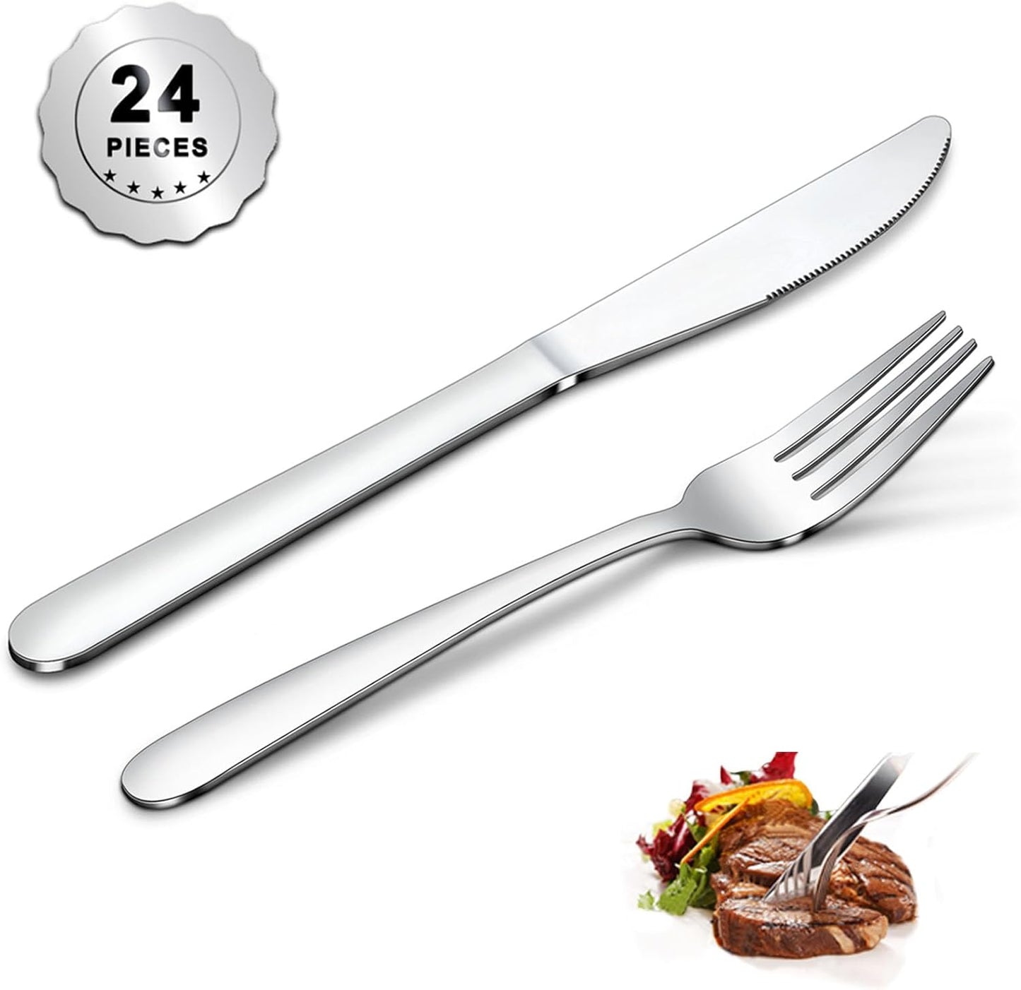 24 Pieces Forks and Knives Set, Food Grade Stainless Steel Silverware Set with 12 Knives & 12 Forks, Fork Silverware, Butter Knife, Metal Fork & Dinner Knives, Mirror Polished, Dishwasher Safe