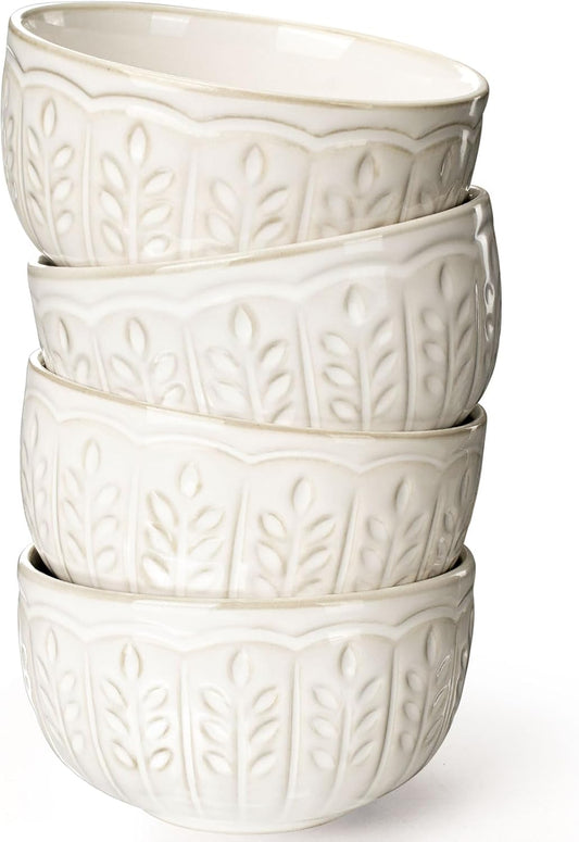 Artena Small Bowls Set of 4, 12 oz Ceramic Embossment Dessert Bowls, white Bowl for Kitchen, Ice Cream, Side Dishes, Rice, Cereal, Fruit, 4.5 Inch, Microwave & Dishwasher Safe, Wheat Leaf