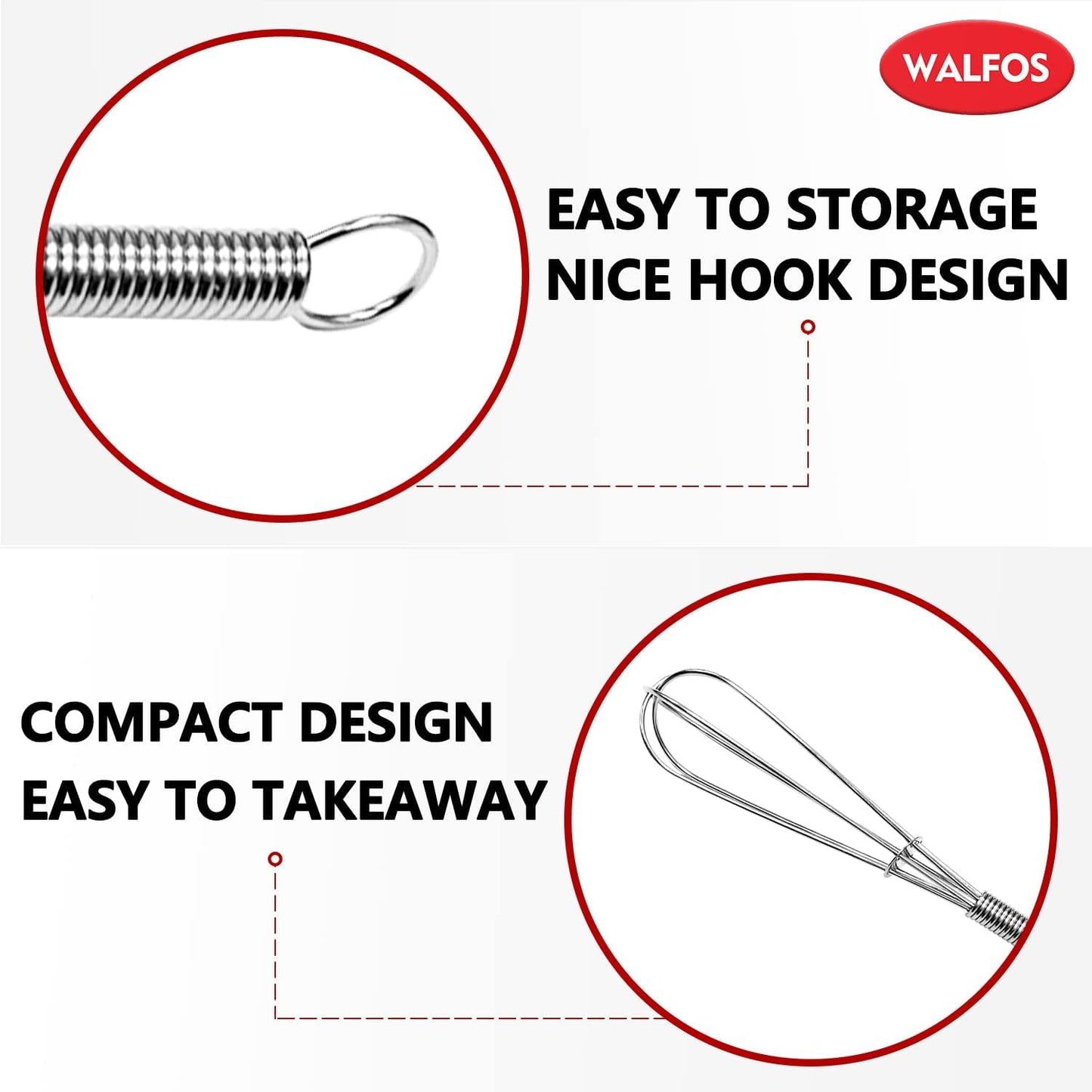 Walfos Mini Whisks Stainless Steel 6pcs; 7" - Small Whisk for Whisking, Beating Eggs, Mixing Sauces, Blending Ingredients