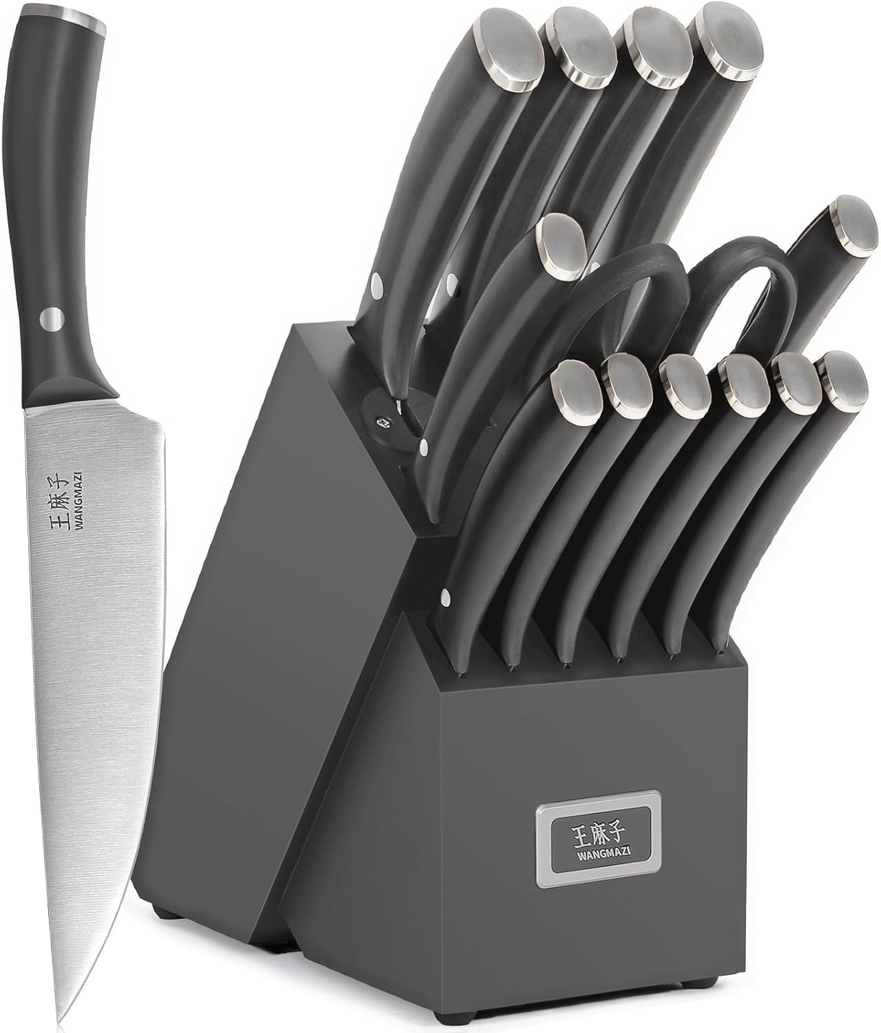 Newly Updated Chef Knife Set Sharp Blade Rivet Ergonomic Handle Knife Block Set Hundreds of Years of Masterful Craftmanship(Black,15PCS)