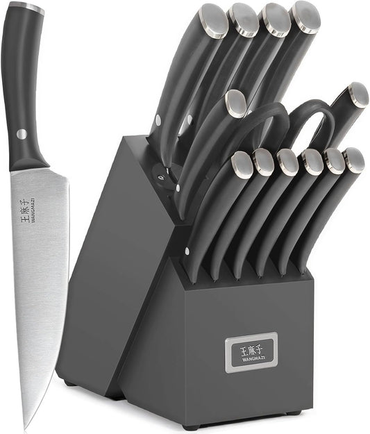 Newly Updated Chef Knife Set Sharp Blade Rivet Ergonomic Handle Knife Block Set Hundreds of Years of Masterful Craftmanship(Black,15PCS)