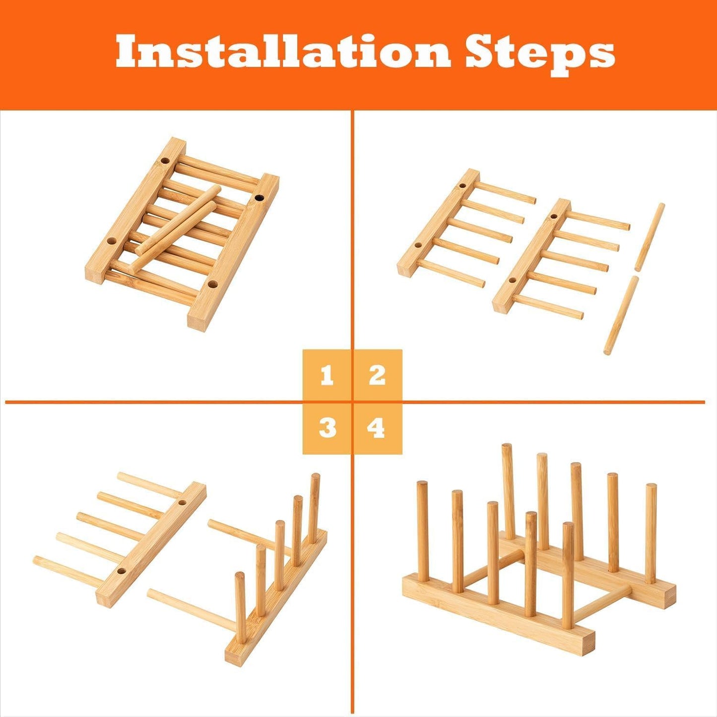 4 Pcs Bamboo Wooden Dish Rack, Plate Organizer for Cabinet Space Saver and Kitchen Counter, Bowl/Cup/Pot Lid/Cutting Board Drying Holder (4 Slots)