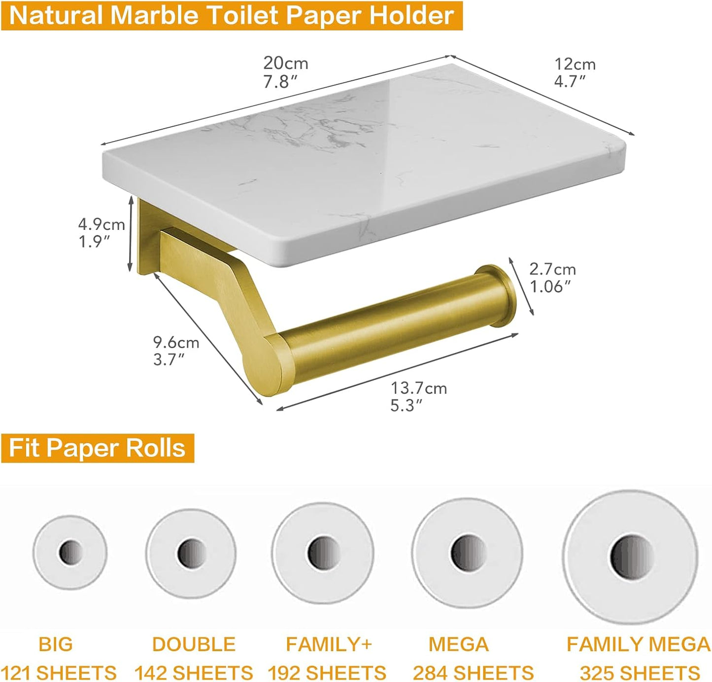 Hoimpro Brushed Gold Aluminum Toilet Paper Holder with White Natural Marble Shelf, Wall Mounted Tissue Hand Paper Roll Storage Holder for Bathroom Kitchen Washroom Bedroom