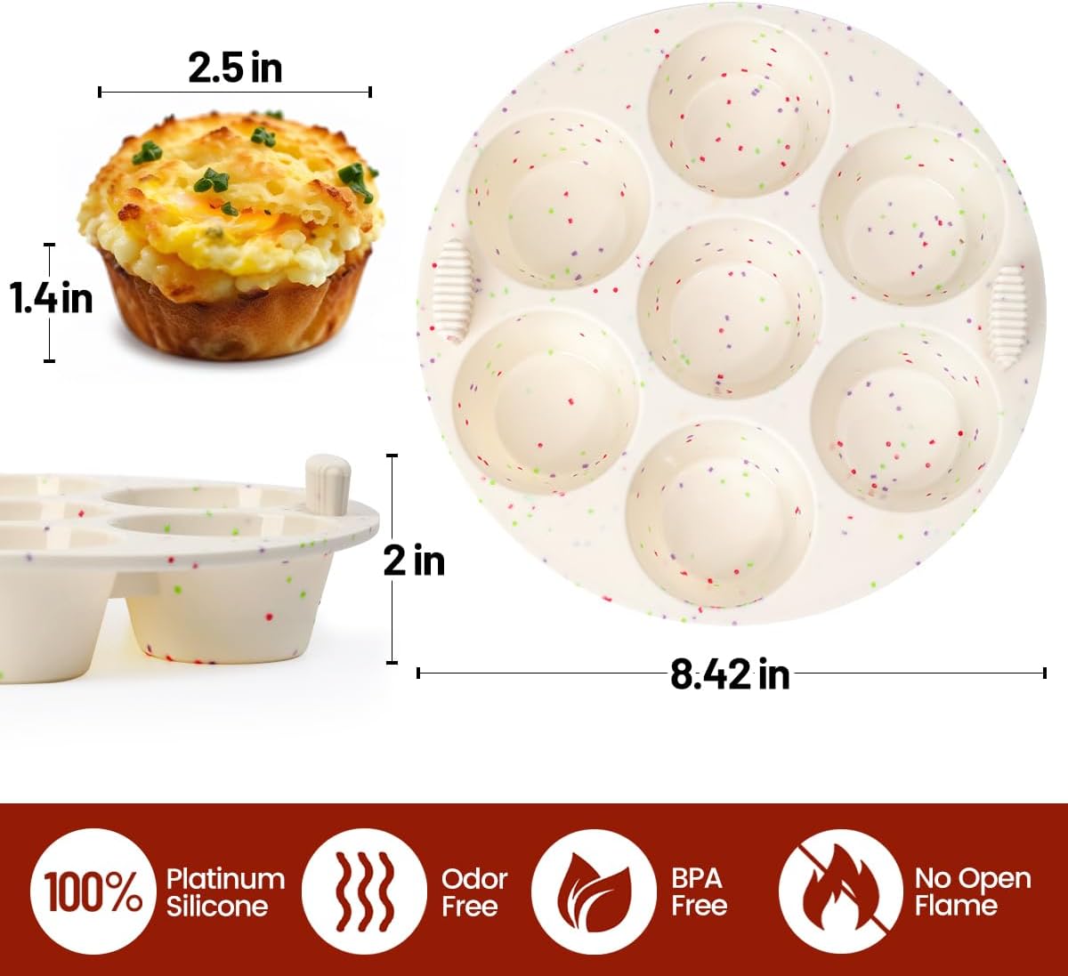 Silicone Muffin Pan for Air Fryer Oven Instant Pot, Nonstick 7 Cups Easy To Handle BPA Free for Baking Egg Bites Muffin Tart Cupcake Mini Quiche 2 Pack Confetti