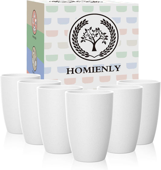 Homienly Wheat Straw Drinking Glasses, 12 OZ Alternative to Plastic Cups Set of 6, Reusable Drinking Cups for Kitchen, Outdoor, Unbreakable Lightweight Water Tumblers, Dishwasher Safe Cup Set(White)