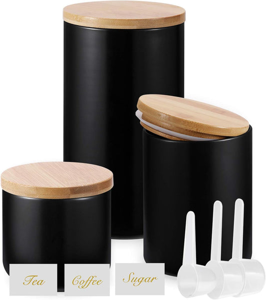 Yangbaga Black Ceramic Canister Set for Kitchen-Set of 3 Kitchen Canisters for Countertop with Airtight Wood,Large Kitchen Storage for Flour,Suger,Coffee-Modern Countertop Decor