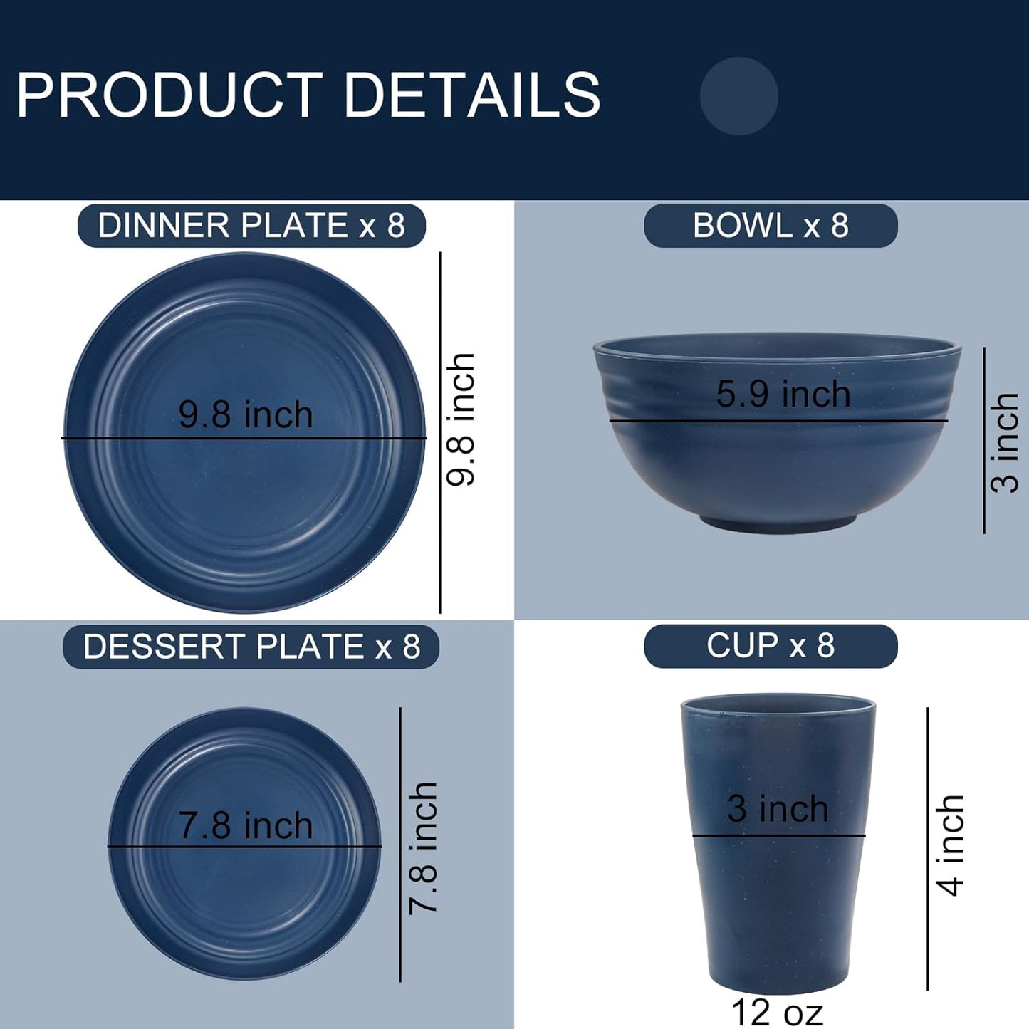 Supernal Wheat Straw Dinnerware Sets, Tableware Set for 8, Plates and Bowls Sets, Reusable Dinnerware Set, Microwave Dishwasher Safe, Blue Plastic Dinnerware Sets 16pcs Plates, 8pcs Bowls, 8pcs Cups