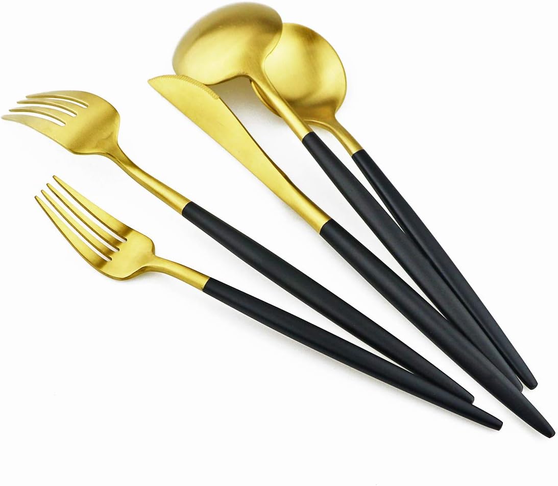Gugrida Black Gold Flatware, Royal 20 Piece Matte Black Handle 18/10 Stainless Steel Tableware Sets for 4 Including Forks Spoons Knives, Camping Silverware Travel Utensils Set Cutlery (Black Gold)