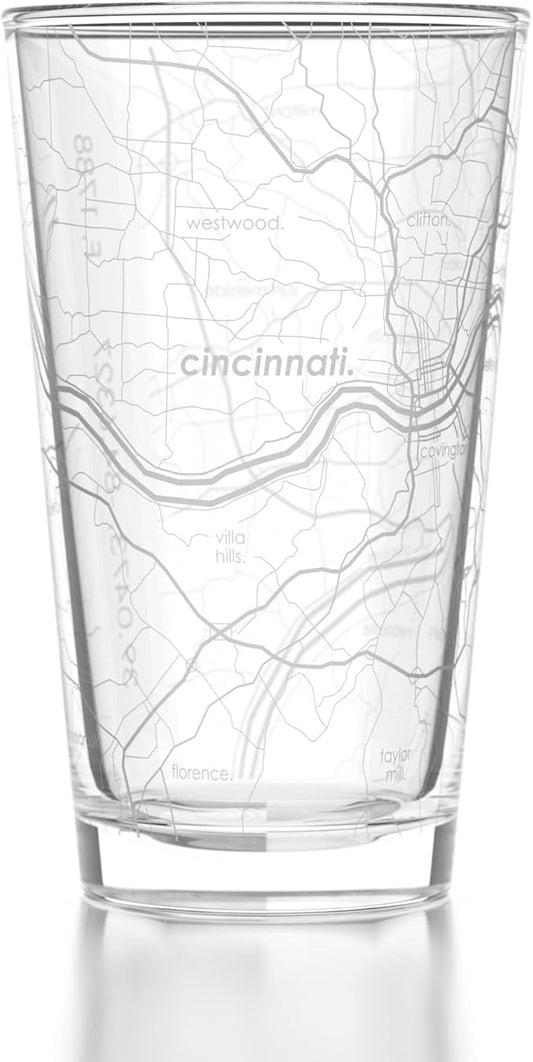 Well Told Engraved Cincinnati Ohio Map Pint Glass, Etched Beer Gift (16 oz, Clear) City Map Pint, Custom City Glassware, Gifts For Beer Lovers