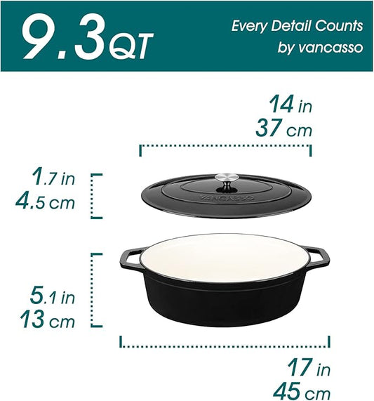 vancasso Enameled Cast Iron Oval Dutch Oven, 9.3 Quart with Non-Stick Enamel Coating for Bread Baking, Black Double Handle Pot with Lid