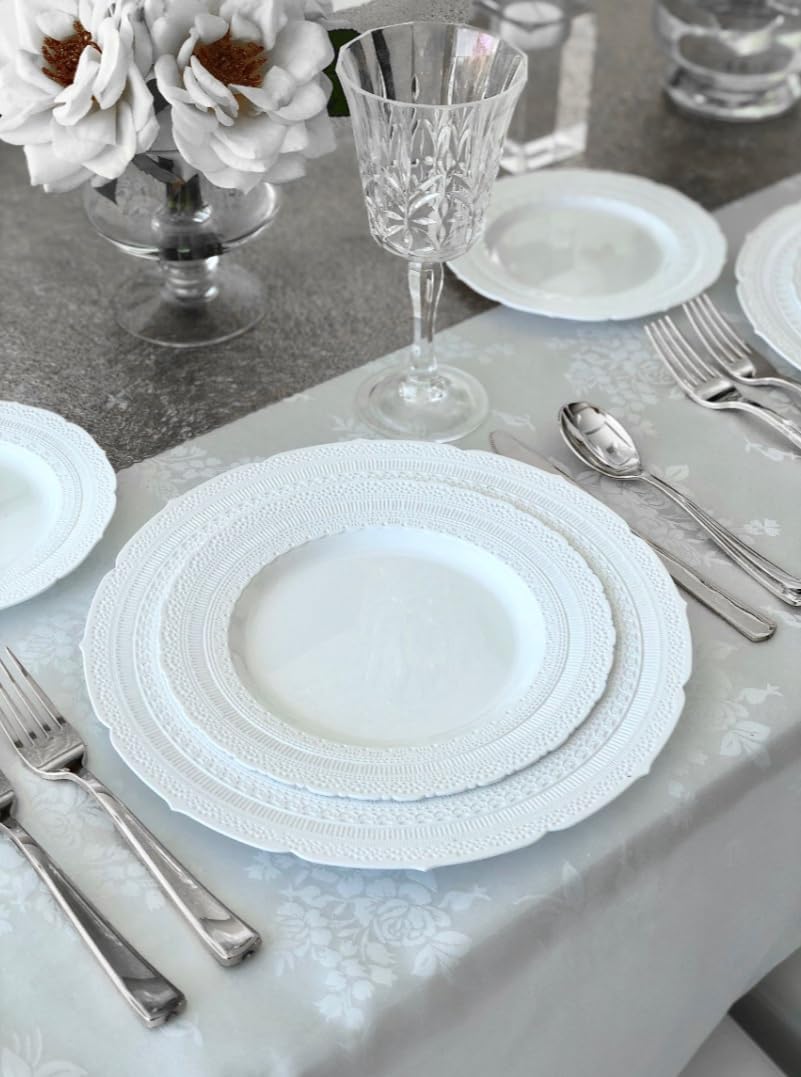 " OCCASIONS " 320pcs set (40 Guests)-Extra Heavyweight Vintage Wedding Disposable/Reusable Plastic Plates (40 x 11'' + 40 x 8.25'')+Silverware+12oz Cups+Napkins (Chateau Collection White)