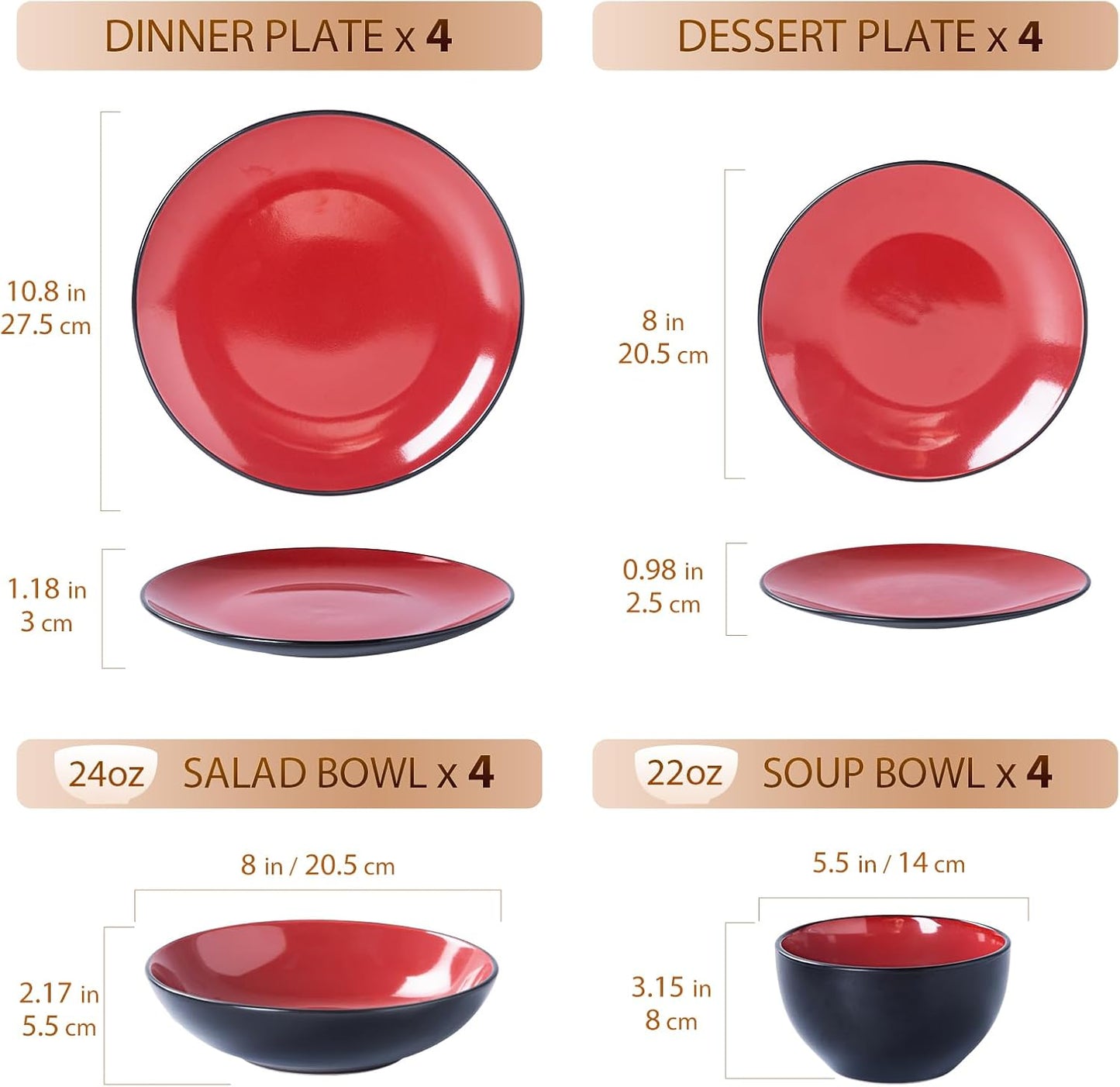 Plates and Bowls Sets for 4 - CJDC-QUELO 16-Piece Stoneware Dinnerware Sets, Ceramic Dishware Set for Indoor Kitchen Use and Formal Dining, Chip and Scratch Resistant Microwave Dishwasher Safe, Red