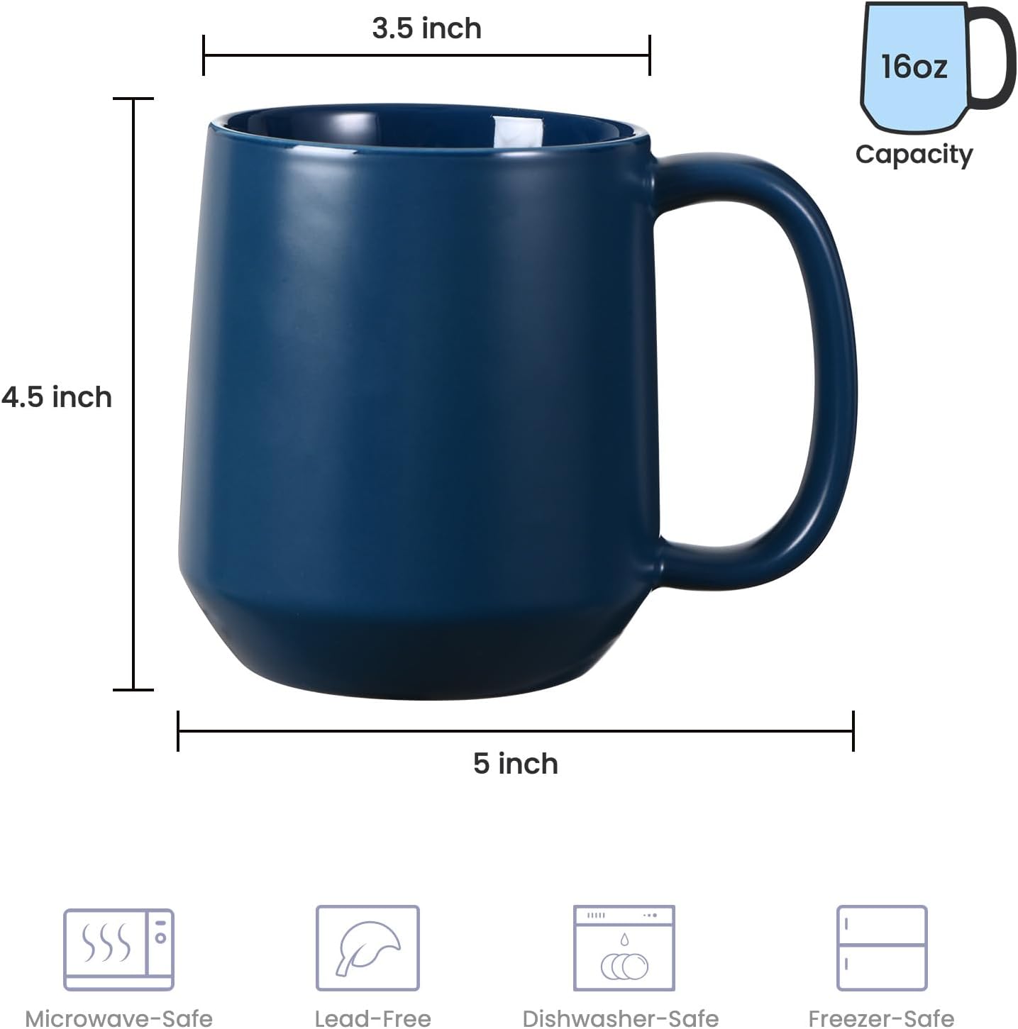 Miicol Ceramic Coffee Mug, 16 oz Large Coffee Cup, Tea Mug with Handle, Flat Bottom Mug for Men, Women, Office, Microwave and Dishwasher Safe, Multi-Color, Navy