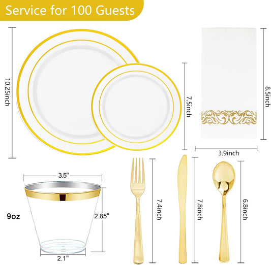 NOCCUR 700PCS Gold Disposable Dinnerware Set for 100 Guests - Include 200 Gold Dinner/Dessert Plates, 100 Napkins, 100 Cups, 300 Plastic Silverware for Wedding/Party/Thanksgiving