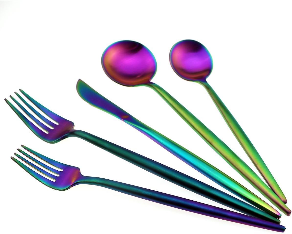 JASHII 18/10 Stainless Steel 5-Piece Matte Rainbow colorful Flatware Set,Dinner Knife Fork Salad Fork Dessert Spoon, Service for 1, Luxury Silverware Cutlery Utensil Sets