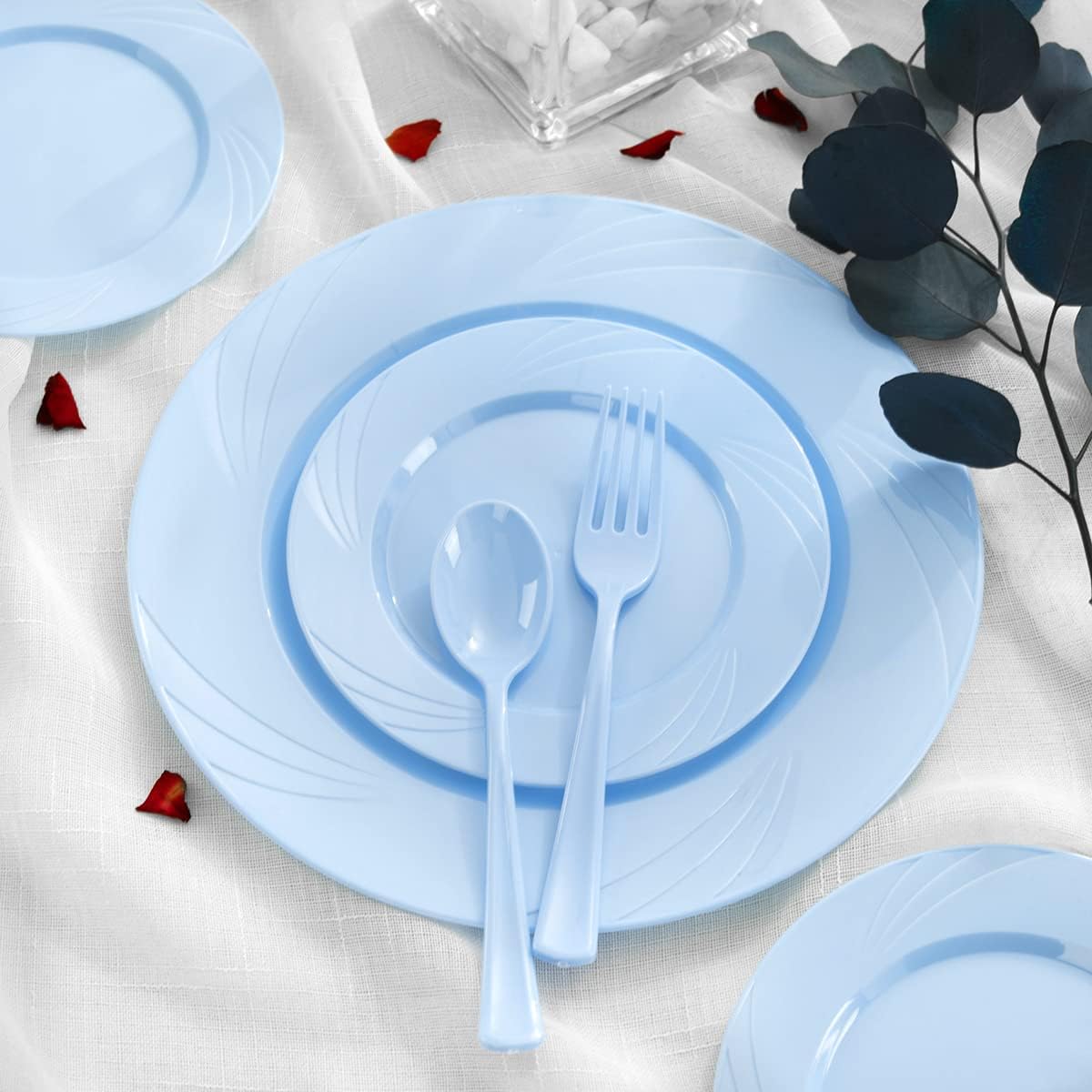 YOUBET 125Pieces Blue Plastic Plates - Blue Baby Shower Plates Disposable - Include 25 Dinner Plate 25 Dessert Plate 25 Forks 25 Knives 25 Spoons for Birthday Party & Baby Shower Gifts