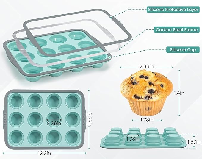 Silicone Muffin Pans for Baking with Metal Frame, 12 Cup Silicone Muffin Pan, Nonstick Cupcake Pan, BPA Free Muffin Tins Easy to Pop Cupcake Baking Pan Molds for Oven Dishwasher Safe Pink