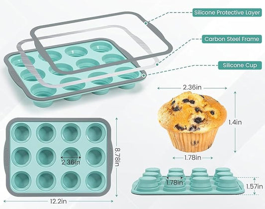 Silicone Muffin Pans for Baking with Metal Frame, 12 Cup Silicone Muffin Pan, Nonstick Cupcake Pan, BPA Free Muffin Tins Easy to Pop Cupcake Baking Pan Molds for Oven Dishwasher Safe Pink