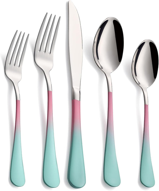 20-Piece pink & green Silverware Set,18/0 Stainless Steel Colorful Handle Flatware Set,Service for 4,Modern Cutlery Set Includes Dinner Knives Forks Spoons, Mirror Polished,Dishwasher Safe