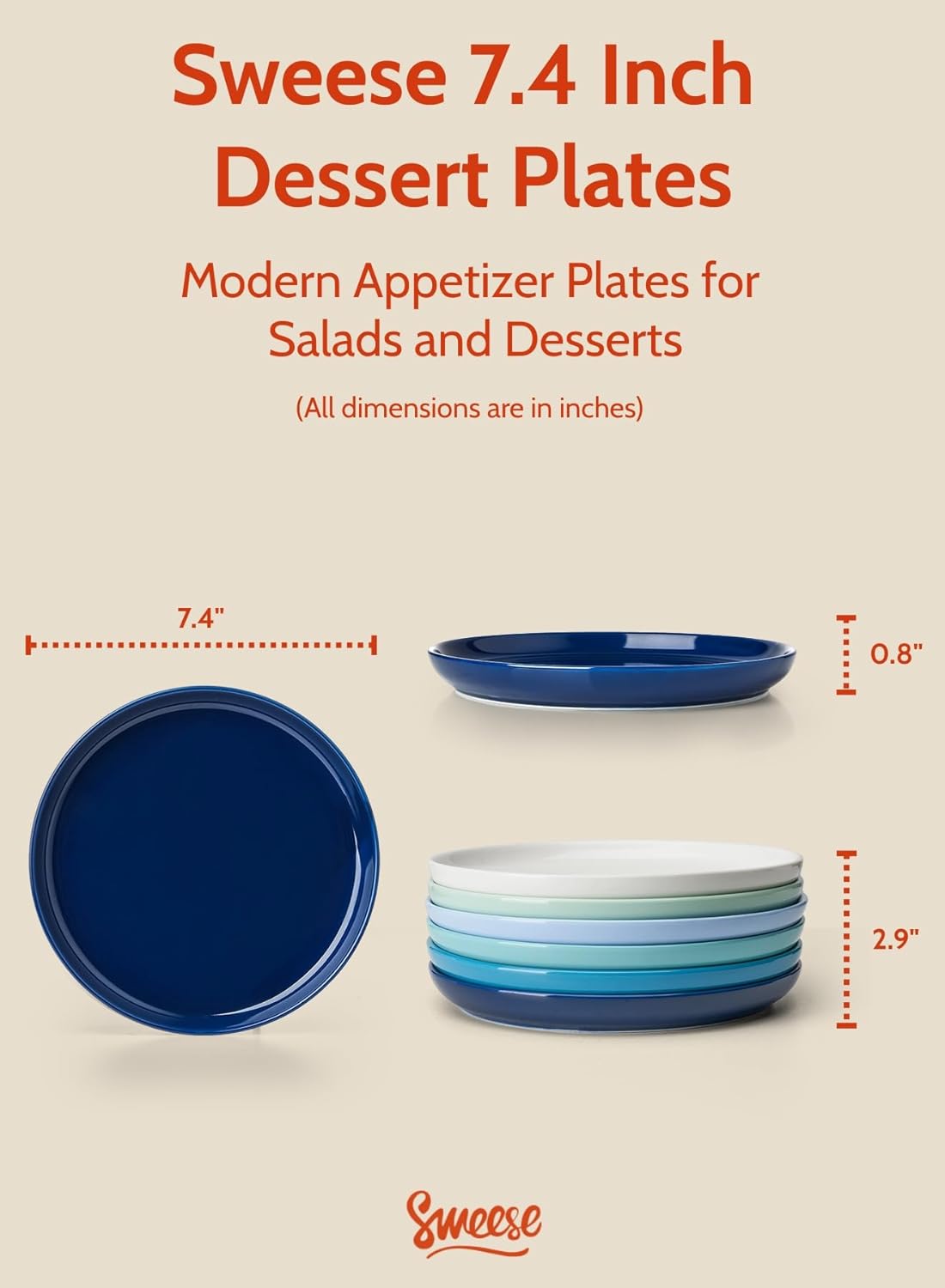 Sweese Porcelain Dessert Plates 7.4 Inch - Set of 6, Salad Appetizer Plates, Microwave Dishwasher Safe, Scratch Resistant, Blue