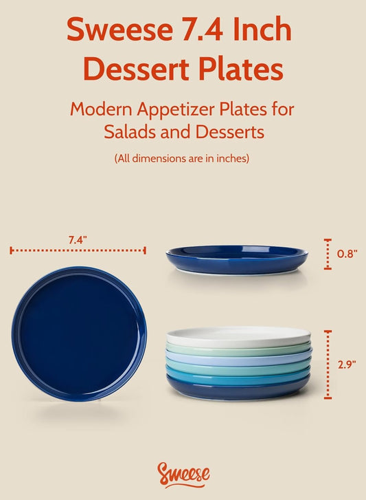 Sweese Porcelain Dessert Plates 7.4 Inch - Set of 6, Salad Appetizer Plates, Microwave Dishwasher Safe, Scratch Resistant, Blue