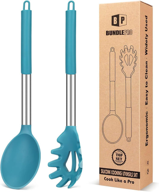 Silicone Pasta Fork and Cooking Spoon Set, Non Stick Kitchen Utensils for Cooking,Stirring,Serving Spaghetti, Soup, Sauce (BLUE)