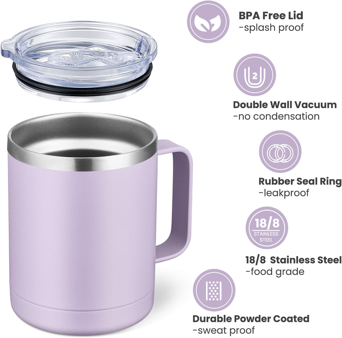 MEWAY 12oz Coffee Mug With Handle and Sliding Lid,Stainless Steel Travel Tumbler Cup with Handle,Double Wall Vacuum Insulated Camping Cup for Hot & Cold Drinks Tea (Lilac,Set of 1)