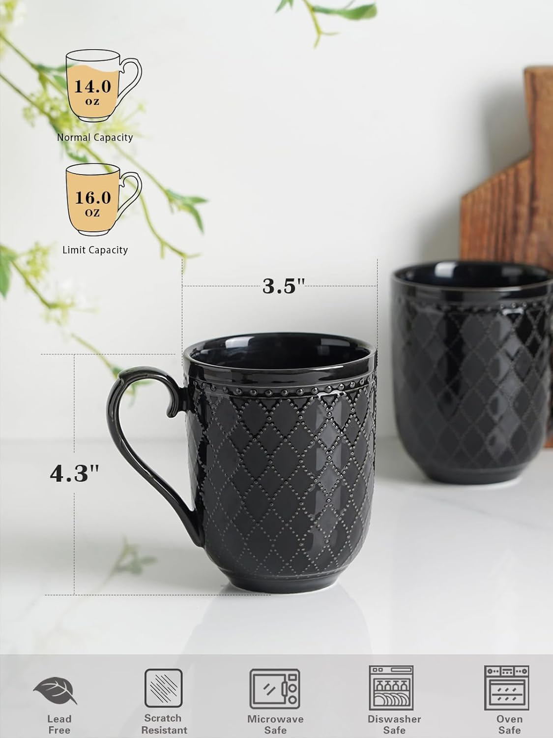 Kanwone Coffee Mugs 16oz, Ceramic Mugs Set, Porcelain Cups with Handle for Latte, Hot Tea, Cappuccino, Mocha, Cocoa, Housewarming Wedding Gift, Microwave and Dishwasher Safe, Set of 4, Black