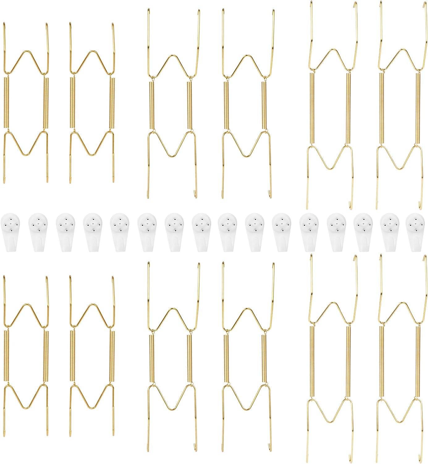 12-Pack Invisible Wall Plate Hangers, 6/8/10 Inch Brass Plate Holders with 16-Pack Wall Hooks