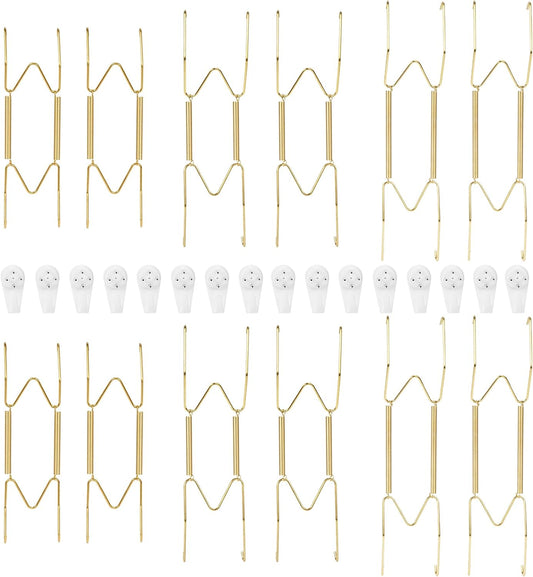 12-Pack Invisible Wall Plate Hangers, 6/8/10 Inch Brass Plate Holders with 16-Pack Wall Hooks