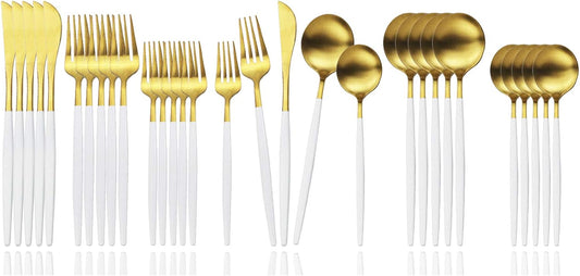 JASHII Flatware Silverware Set Stainless Steel Satin Finish Cutlery Set Service for 6, 30-Piece Spoons And Forks Kitchen Utensil Set, Dishwasher Safe (Matte White handle gold)