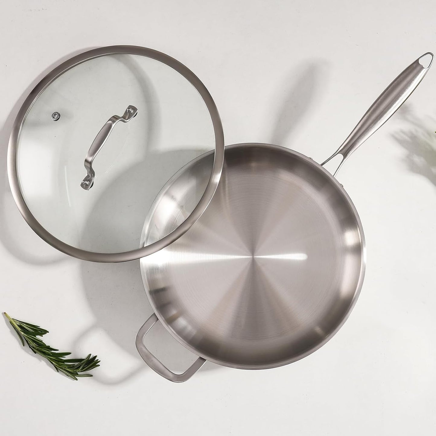 DELARLO Stainless Steel Pan, 14.2 Inch Frying Pan, Tri-Ply Skillet with Lid, Oven Safe Up to 600℉, Stainless Steel Cookware, Fast Even Heat, Large Cooking Surface,Non Toxic Large Skillet