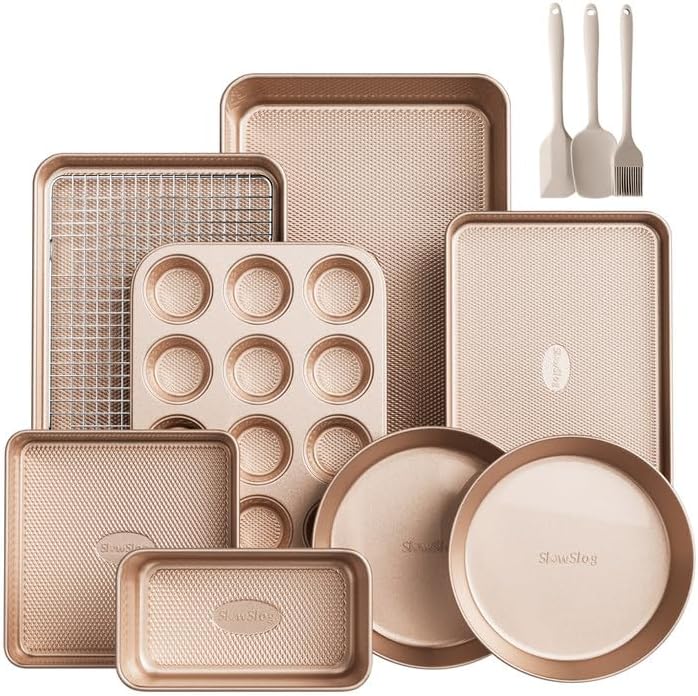 12-Piece Nonstick Bakeware Set with Baking Pan, Cake Pan, Muffin Pan, Loaf Pan, Square Pan, Roasting Pan, Cookie Pan, Cooling Rack & Utensils - Ceramic Coated Gold