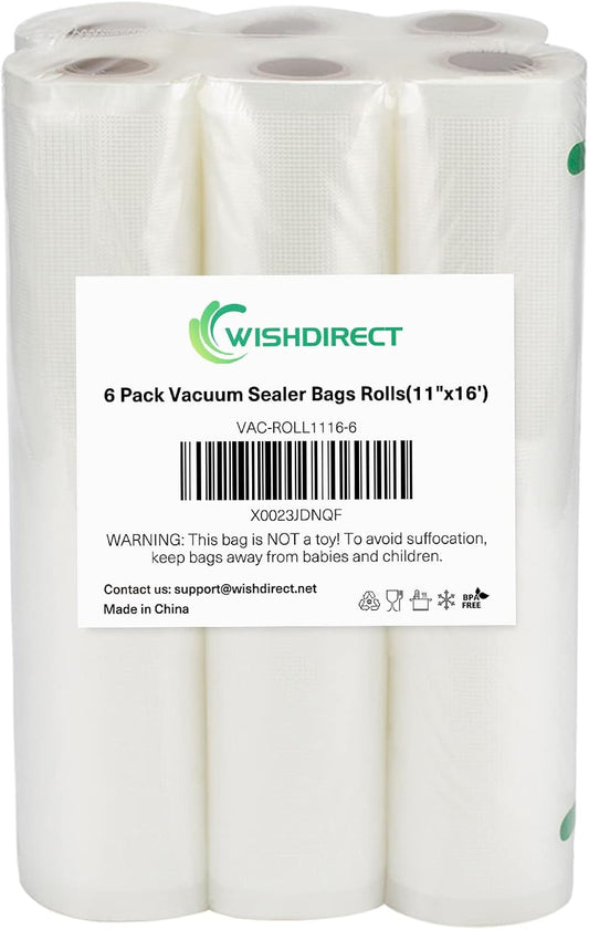 Vacuum Sealer Machine Bags Rolls (6 Rolls), 11 Inch X 16 Feet Fit Inside Machine Heavy Duty Embossed Food Storage Saver Bags Rolls Compatible with Sous Vide and FoodSaver (Total 100 Feet)