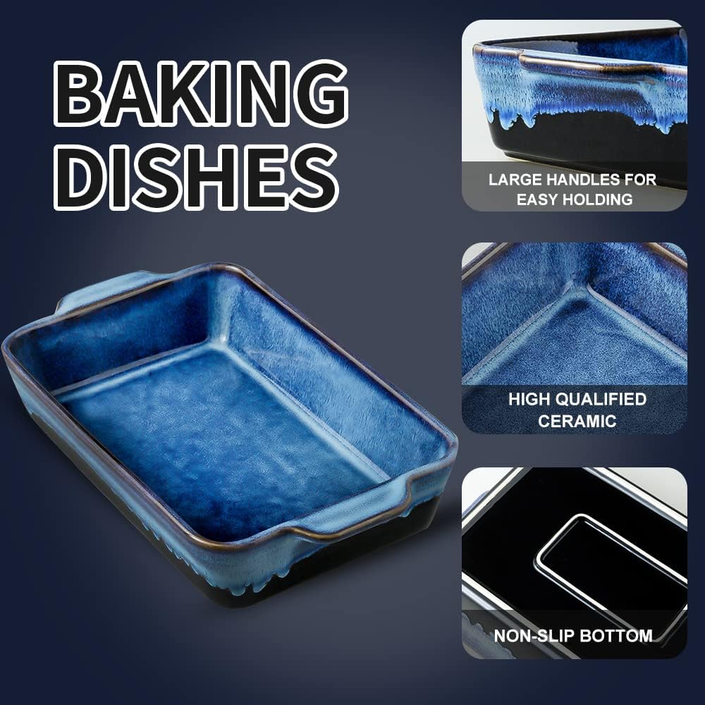 Bakeware Set, Ceramic Baking Dish Set, Rectangular Casserole Dish Set, lasagna Pan, Baking Pans Set for Cooking, Cake Dinner, Kitchen, 9 x 13 Inches, Reactive Glaze 3-Piece (Nebula Blue)