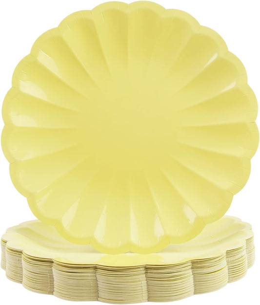 50Pcs Large Scalloped Yellow Paper Plates 7Inch Shell Edge Dessert Plates for Cake Salad Fruit Disposable Dessert Serving Plates for Birthday Wedding Baby Shower Party Decorations