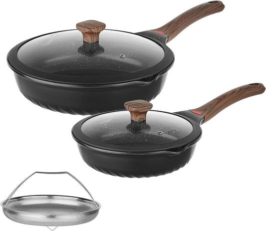 Vinchef Non Stick Frying Pans Set,10" & 12" Ceramic Pan with Lid, Deep Frying Pan & Saute Skillet, PFAS PFOA & PTFE Free, Visual Heat Indicator, Induction Ready, Frying Pans Nonstick Skillet with Lid