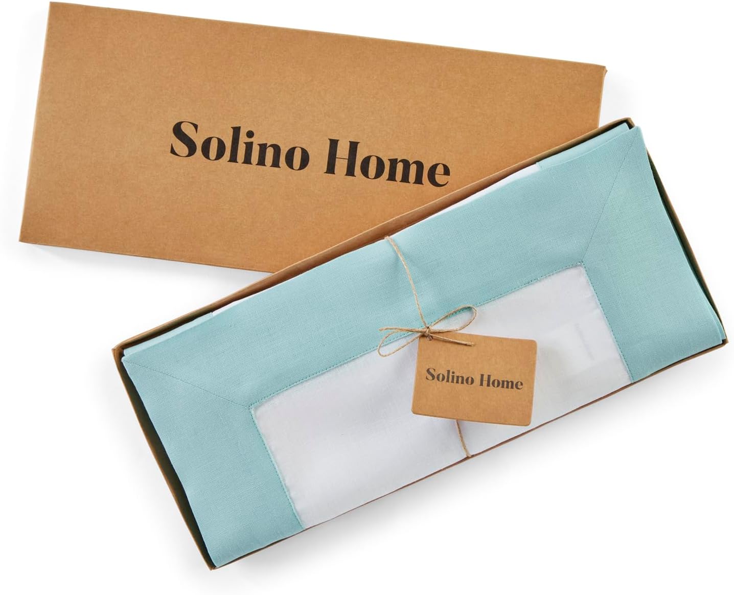 Solino Home Linen Table Runner 120 Inches Long - Aqua Blue and White 100% Pure Linen 14 x 120 Inch Table Runner for Dining, Thanksgiving - Contempo