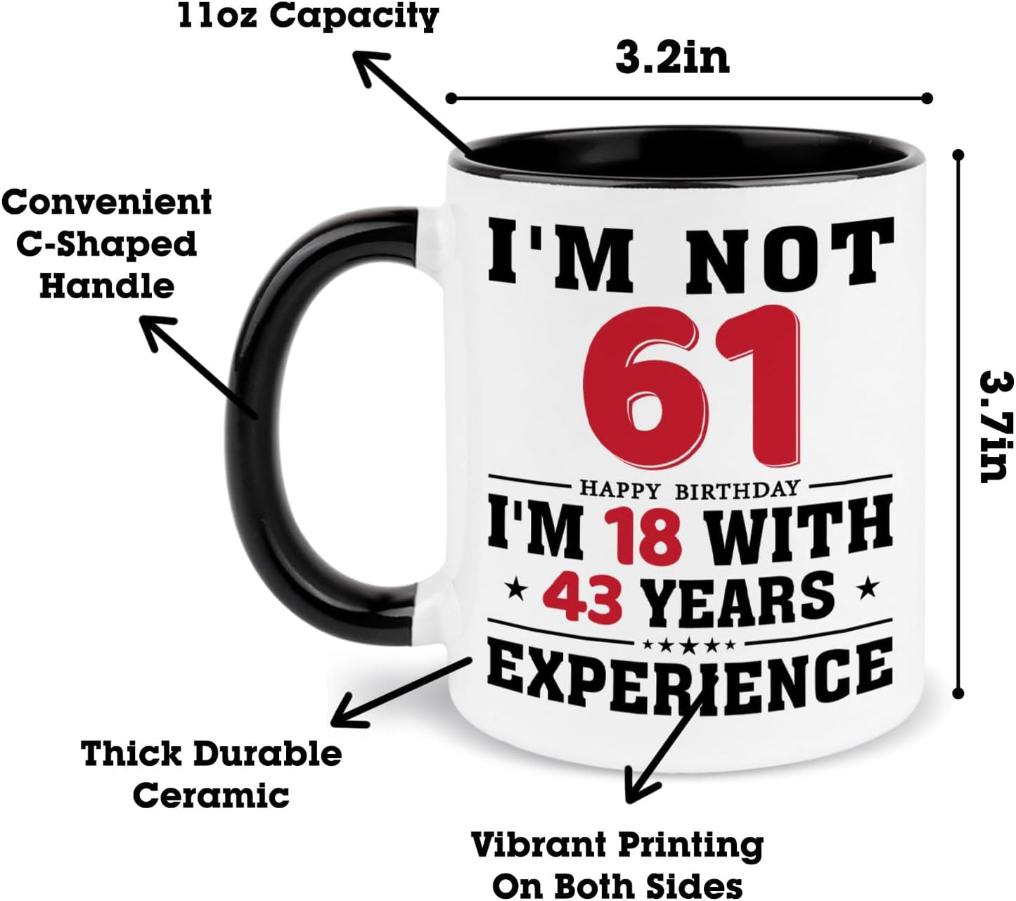 61st Birthday Coffee Mug, 61 year old Birthday Gift Ideas for Men Women Her Him, Red Black 11oz
