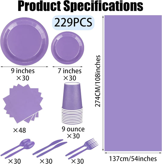 TWOWYHI 229PCS Purple Party Supplies Set Paper Disposable Plates Cups Plastic Spoons Forks Knives Purple Napkins for 30 Guests Disposable Party Dinnerware Sets for Wedding Birthday Parties