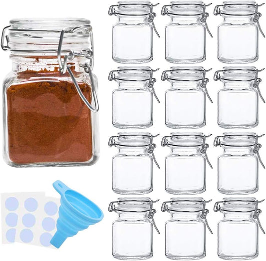 SPANLA Spice Jars, 12 Pack 4oz Small Glass Jars with Airtight Hinged Lid, With 12 Spice Labels & Silicone Funnels, Airtight Glass Jars for Spices, Art Craft Storage (12 Pack)
