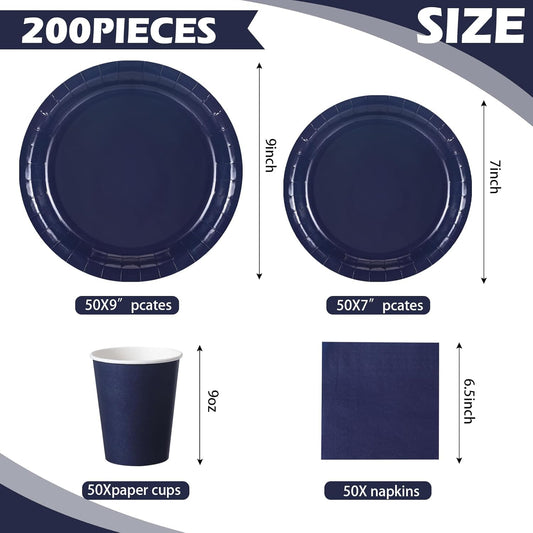 Tioncy 200 Pcs Disposable Paper Plates Cups and Napkins Party Supplies Serve 50 Guests Disposable Paper Dinnerware Set for Halloween Birthday Wedding Baby Shower Family Picnic(Navy Blue)
