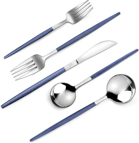 Mirror Silver Blue Silverware Set, 20-Piece Stainless Steel Flatware Set, Satin Finish tableware Cutlery Set, Service for 4, Home and Restaurant, Dishwasher Safe