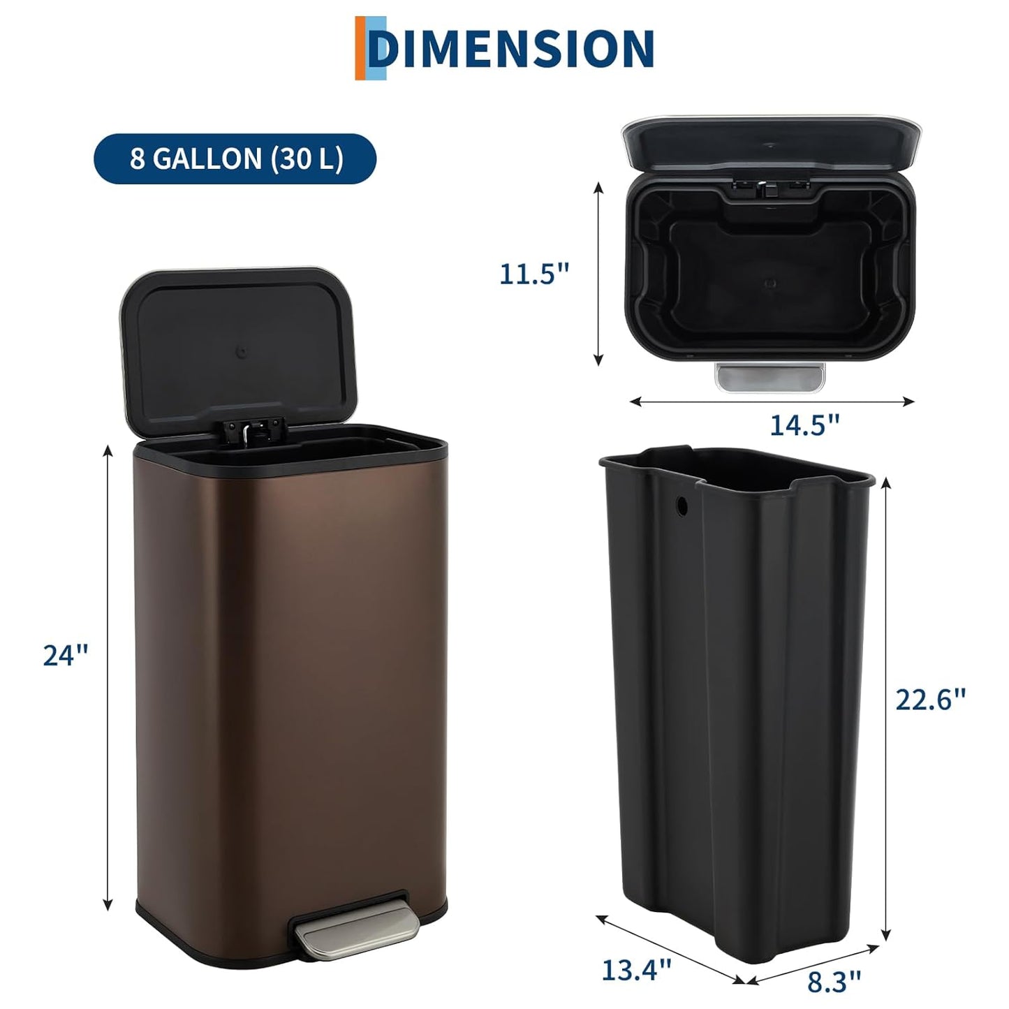 8 Gallon Trash Can for Kitchen, Stainless Steel Garbage Can with Soft-Close Lid, Rectangular Trash Can with Step-On Pedal and Inner Bucket for Home Office Bathroom Living Room, Brown