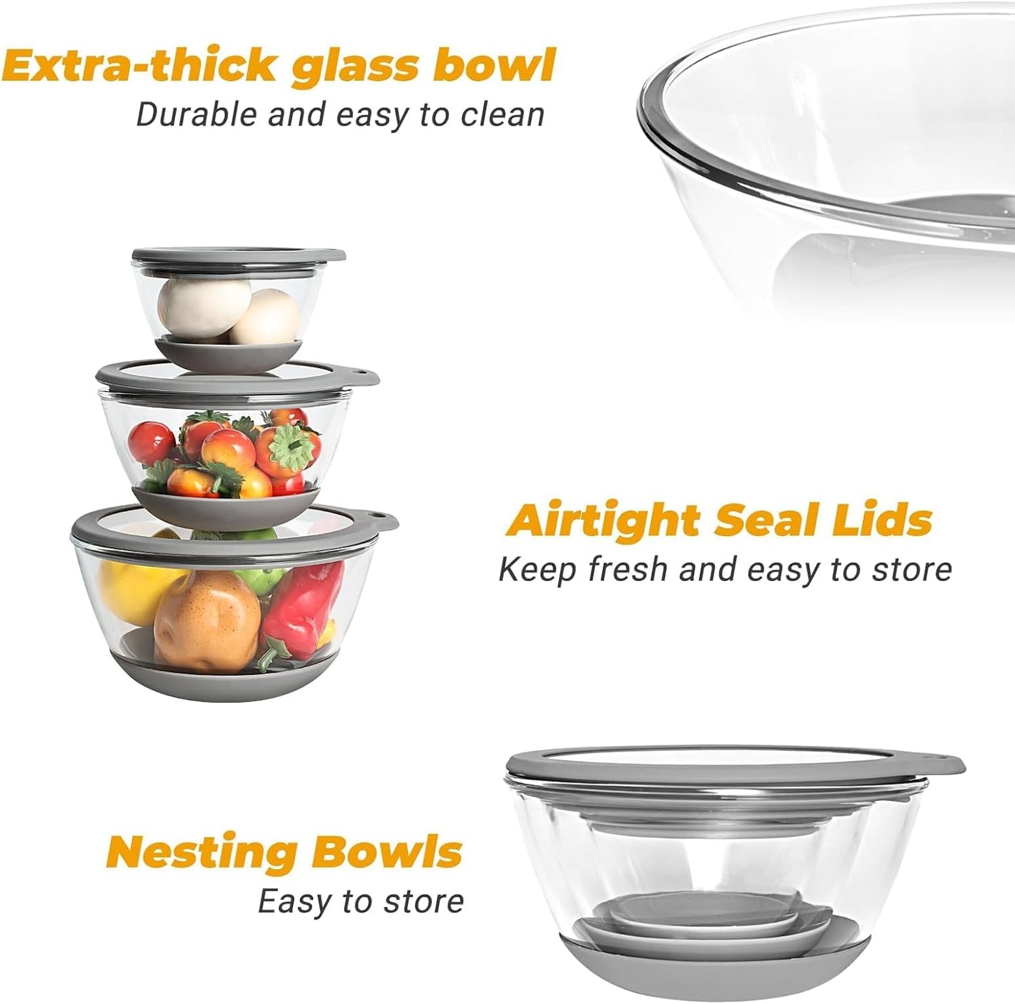 Glass Mixing Bowls HEAVY DUTY Top Choice for High-end Kitchens Extra-thick Glass Mixing Bowl Set of 3 with BPA-Free Airtight Lids Large Nesting Bowls with Non-Slip Silicone Base Well-made