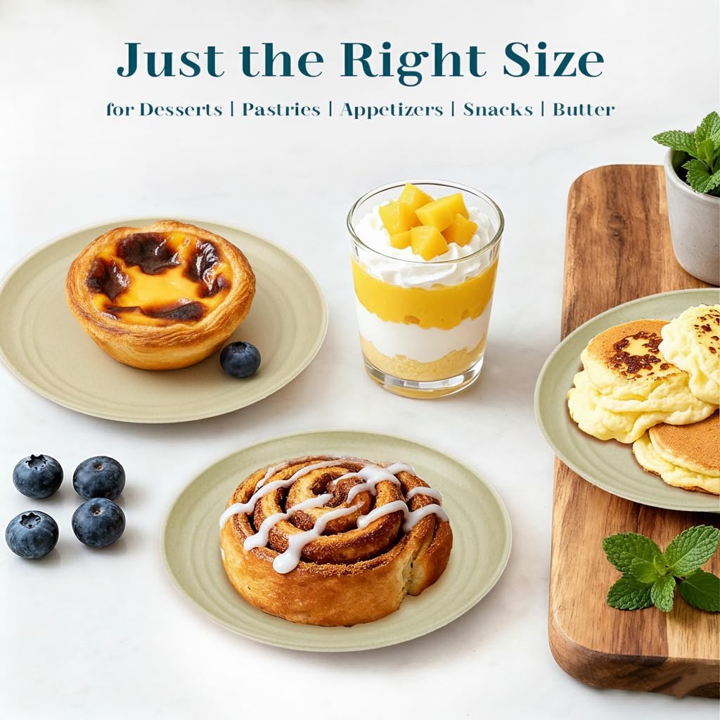 8 Pack Snack Plates, Unbreakable Wheat Straw Plate 5.7 Inch, Plastic Plates Reusable for Dessert, Appetizer, Bread, Microwave & Dishwasher Safe Small Plate for Kitchen,Camping (Beige)