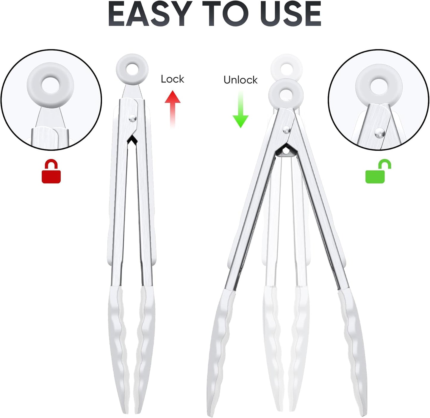 9 Inch Kitchen Tongs, Cooking Tongs with Silicone Tips and Stainless Steel Handle, Non Stick Heat Resistant Tongs for Cooking, Buffet, Salad Serving (9", White)